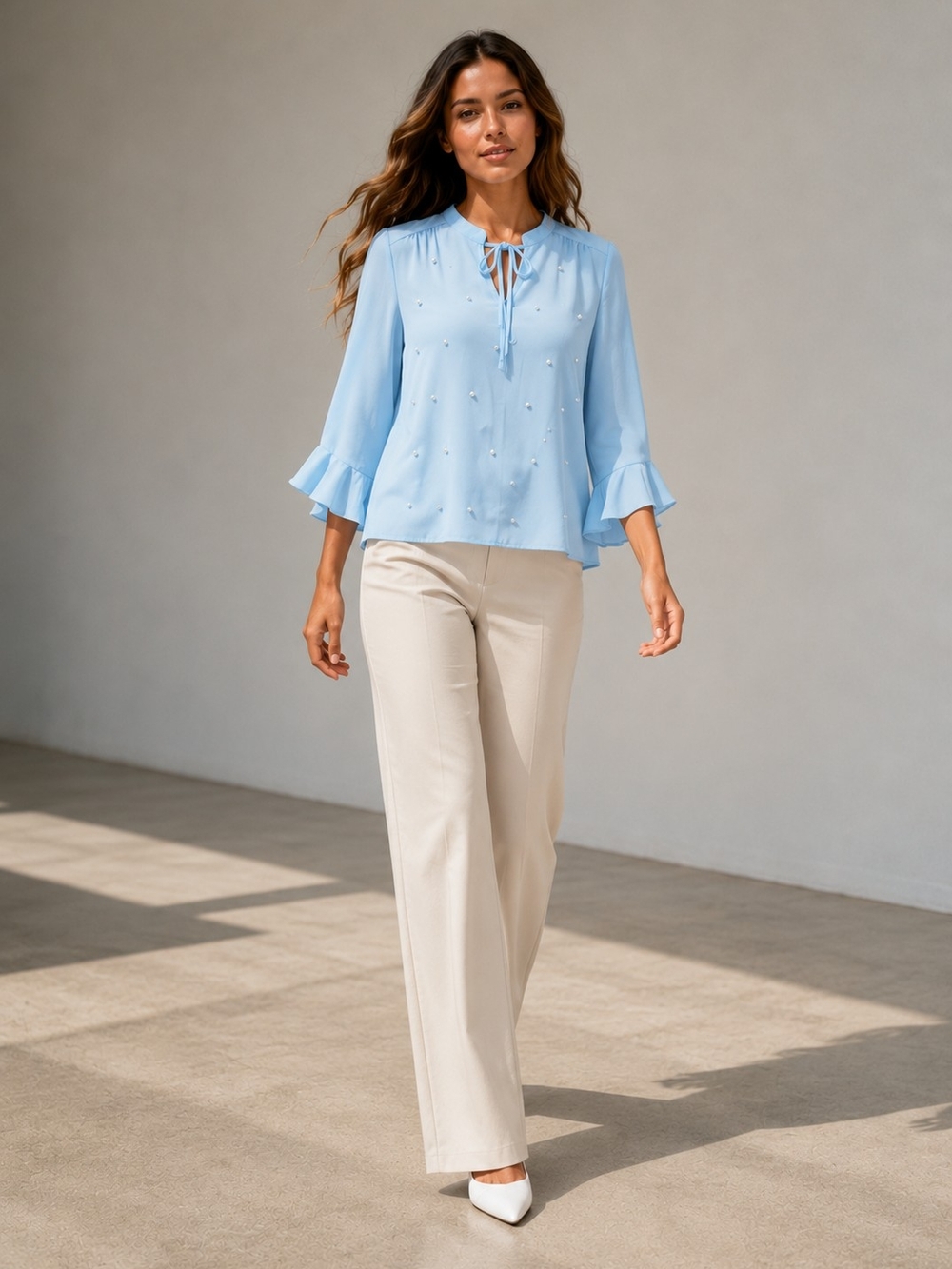 SHEIN Curve 1XL Light Blue Pearl Blouse Plus Size Ruffle Sleeve Tie Neck Top